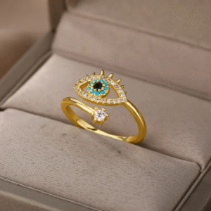 Gold Evil Eye Adjustable Ring with Crystal