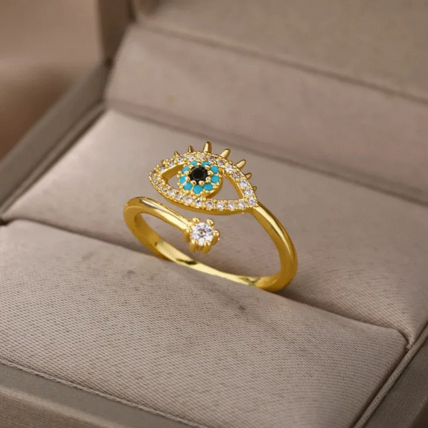 Gold Evil Eye Adjustable Ring with Crystal
