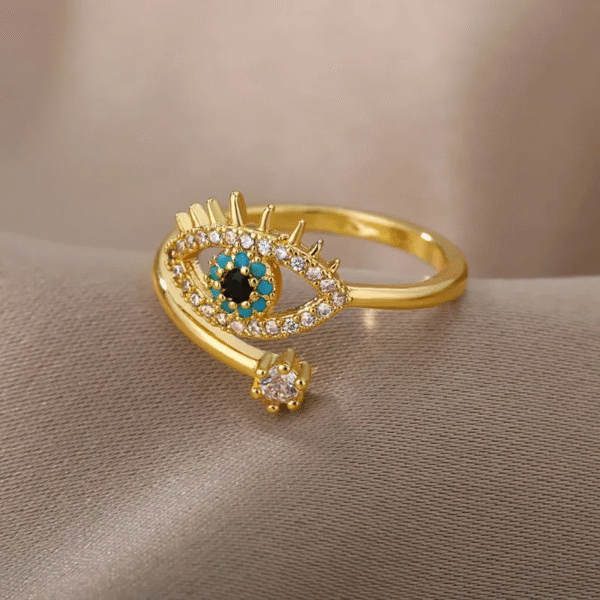 Gold Evil Eye Adjustable Ring with Crystal - Image 2