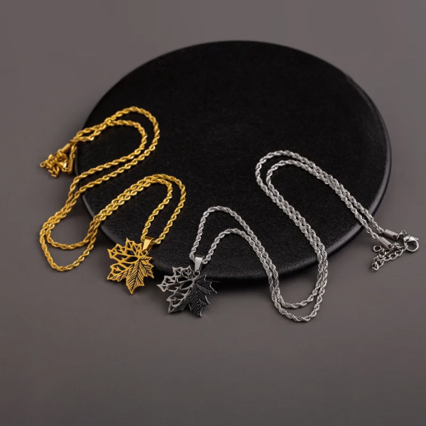 Gold Leaf Pendant Necklace with Rope Chain - Image 3