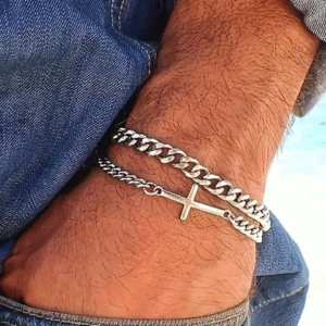 Silver Cross Bracelet with Cuban Link Design