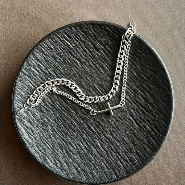 Silver Cross Bracelet with Cuban Link Design - Image 2
